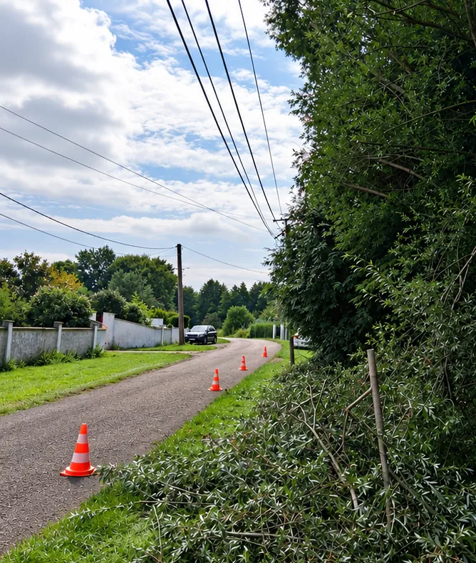 Haie et arbres débordant sur une petite route sous des lignes électriques, cônes posés
